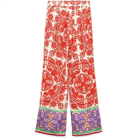 Zara * satin red printed wide leg pants Size XS - Picture 6 of 13